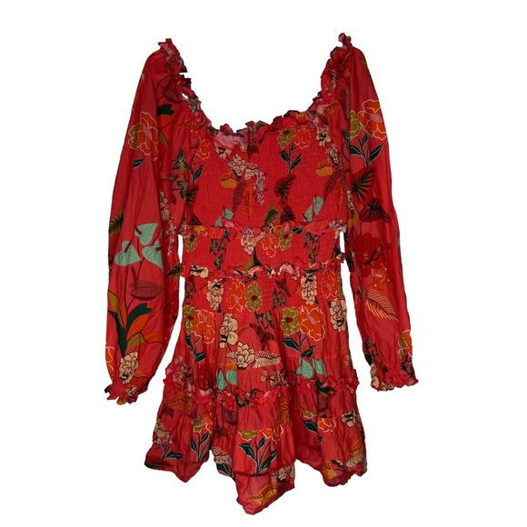 Farm Rio Anthropologie Smocked Ruffle Mini Dress Large Coral Long Sleeve Orange - Picture 5 of 12